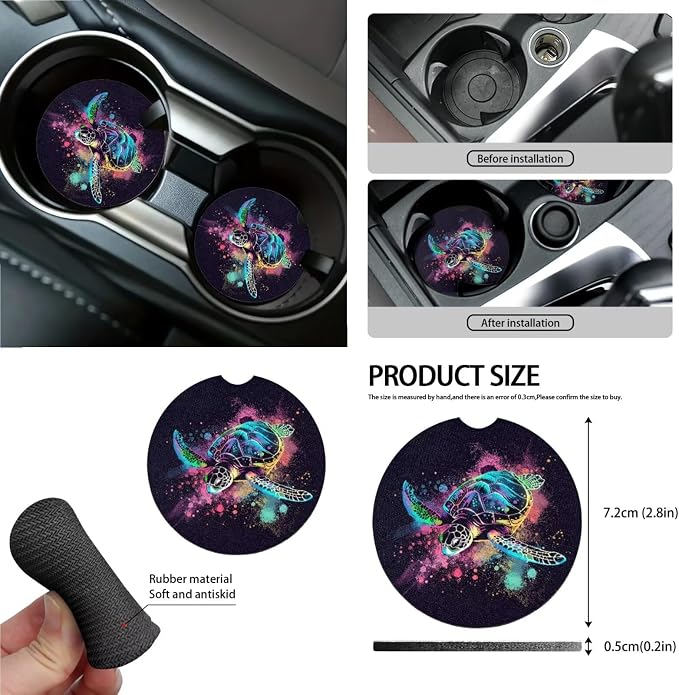 Turtle Paint Spatter Print Car Accessories Set of 15, Auto Seat Protector Steering Wheel Cushion Seat Belt Pad Air Vent Bag Trash Can Keychain Mirror Cover Cup Coasters