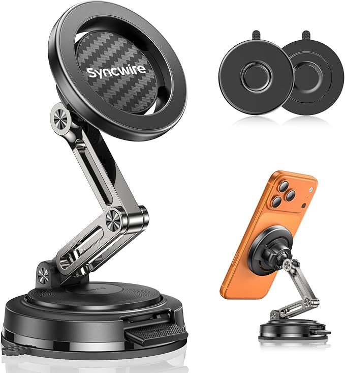 SYNCWIRE for MagSafe Car Mount, [3-Axis Adjustable] Vacuum Magnetic Phone Holder, Replaceable Suction Cup (Dashboard/Windshield), 360° Rotation, Foldable, for iPhone 17-12 Pro/Max/Plus, Carbon-Fiber