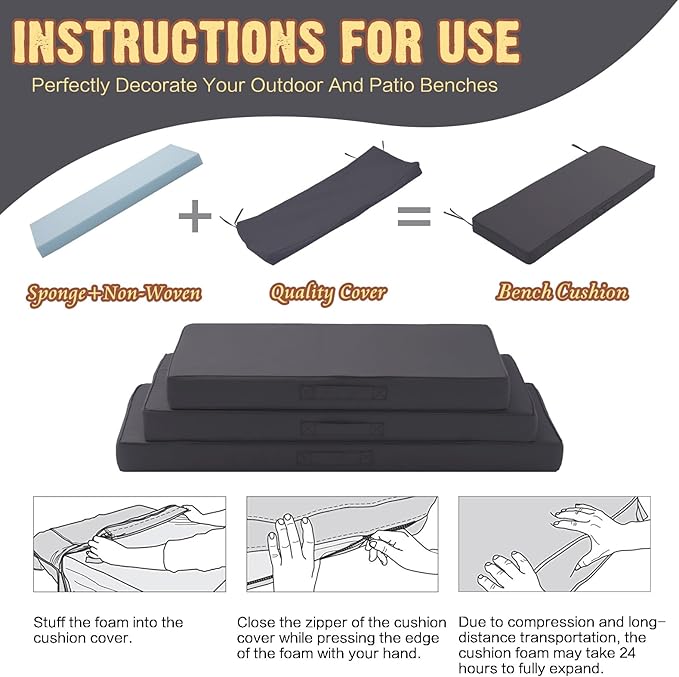 Outdoor Bench Cushion 4 inches Memory Foam Waterproof Patio Furniture Bench Cushion Porch Swing Cushion with Handle and Adjustable Strap, 36 x 18 Inch Dark Gray