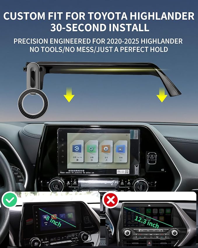For Toyota Highlander 2020-2025 2022 Interior Accessories,Custom Fit Phone Holder&Magsafe Car Mount,Dual 360°Adjustable,Dual N52 Magnets,Secure&Silent,No Vent Blocking,for iPhone Android,8-inch Screen
