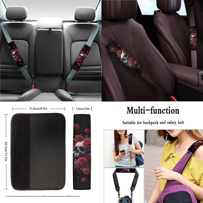 Suobstales Rose Skull Print Car Seat Cover for Women Full Set SUV Interior Accessories Front/Back Bench Bucket Seat Cover, Steering Wheel Cover, Seat Belt Cover, Cup Holder Coasters, Keychain