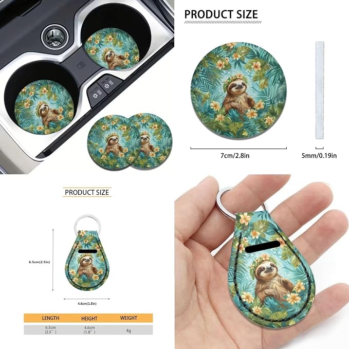 Xoenoiee Sloth Floral Leaf Print Car Seat Cover Full Set with Steering Wheel Cover, Seat Belt Cover, Coasters, Key Chains for Cars SUV, Universal Auto Accessories - 11 Pack