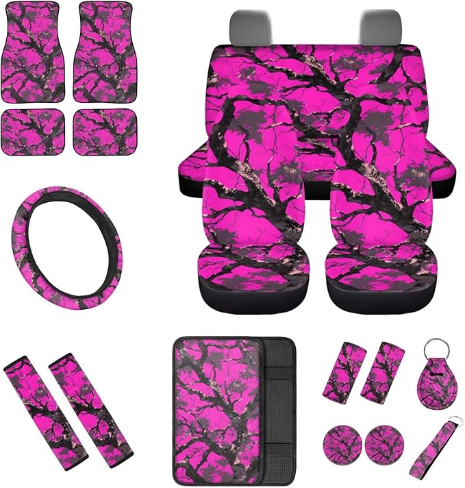 Twig Prints Car Accessories Set of 18, Car Seat Covers Full Set with Auto Steering Wheel Cover Floor Mats Armrest Pad Covers Seat Belt Pads Roof Handle Wraps Cup Coaster Keychain