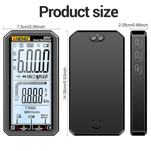 Digital Multimeter 6000 Counts Auto Ranging Voltmeter with LCD,Measures Ac/DC Current,Voltage,Resistance Temperature, for Electricians,DIY (620A Black)