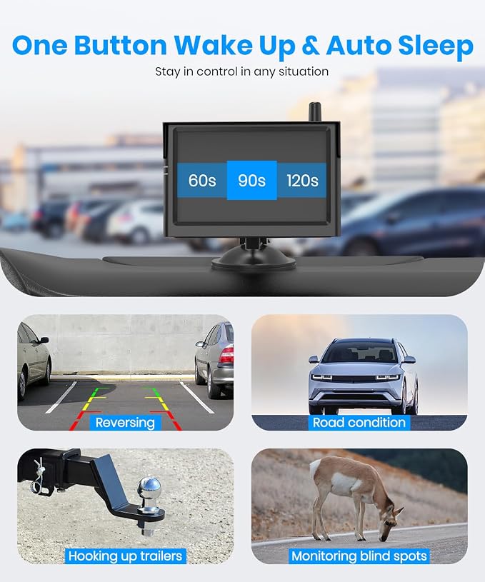 AUTO·VOX 5" Solar Wireless Backup Camera with Suction Cup Mount, 1080P HD Monitor, Adjustable Windshield Mount, 3 Minute Install, IP69K Waterproof for Car Truck SUV Trailer