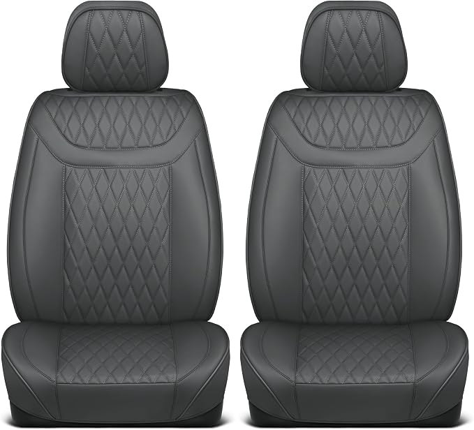 MotorBox Creekstone Series – PU Leather Seat Covers for Cars, Creekstone Series Cross-Stitch Edition Front Seat Covers, Diamond Stitched PU Leatherette Gray Car Seat Covers for Cars Trucks SUVs