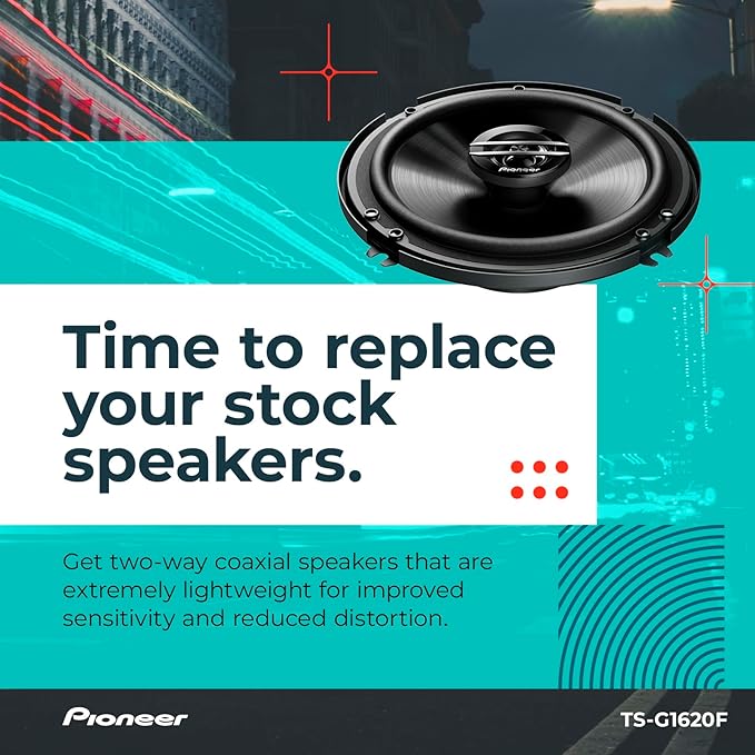 PIONEER G-Series TS-G1620F 6.5” 2-Way Speakers (Pair) – 300W Max, Balanced Sound + Smooth Treble, Great Stock Replacement, High-Efficiency Speaker Designed for OEM Power