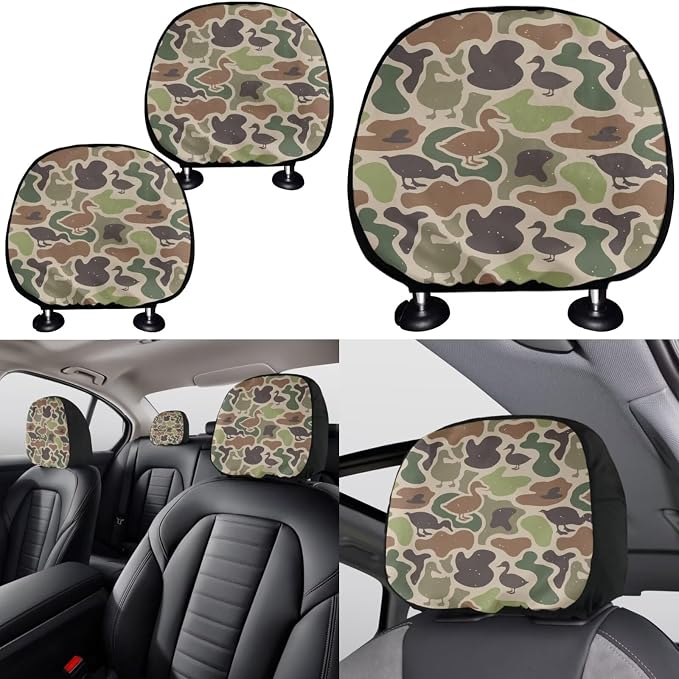 KEIAHUAN Duck Camo Hunting Car Seat Cover Full Set 11 Pieces Green Front & Back with Handbrake Cover Gear Shift Cover,Steering Wheel Cover,Stretchy Headrest Cover,Auto Cup Coasters Universal Fit
