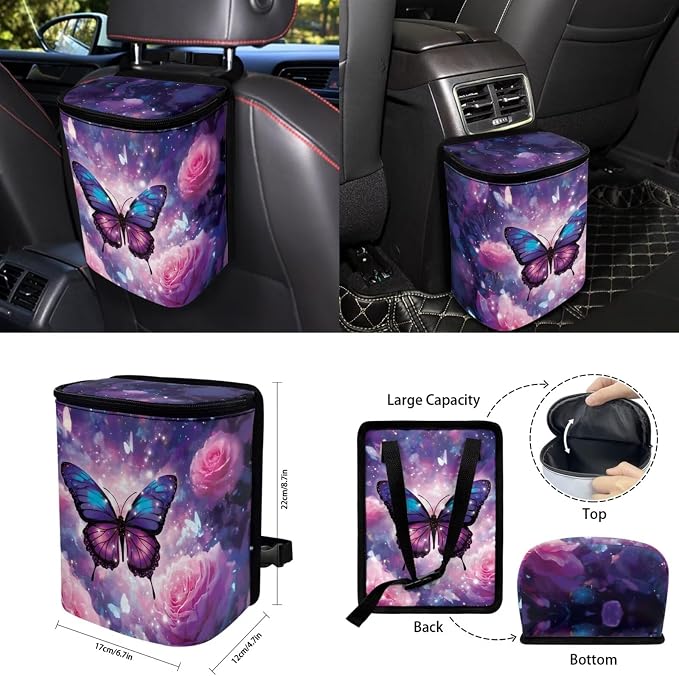 Purple Floral Car Aaccessories Full Set of 15 Pcs, Butterfly Car Seat Covers Set with Rear View Mirror Cover,Steering Wheel Covers,Car Trash Can with Lid for Women Man,Universal Fit