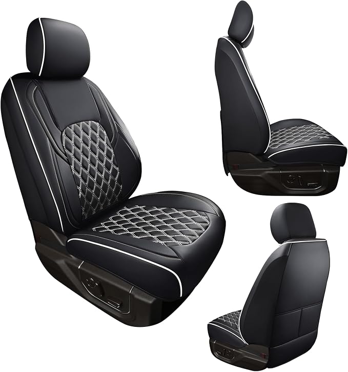 Huidasource F150 Leather Seat Covers Custom Fit for 2015-2026 F150 SuperCrew & 2017-2026 F250 F350 F450 Super Duty Crew Cab XL XLT Lariat King Ranch Platinum(Front Pair/Black&White)