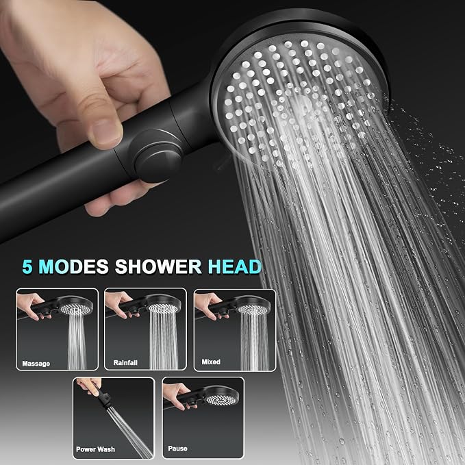 RV Shower Head with Hose, High Pressure 5 Mode Shower head Replacement, Handheld Showerhead for RV/Campers, Travel Trailer for Water Saving, Showerheads Holder and Hose, On Off Switch, Black