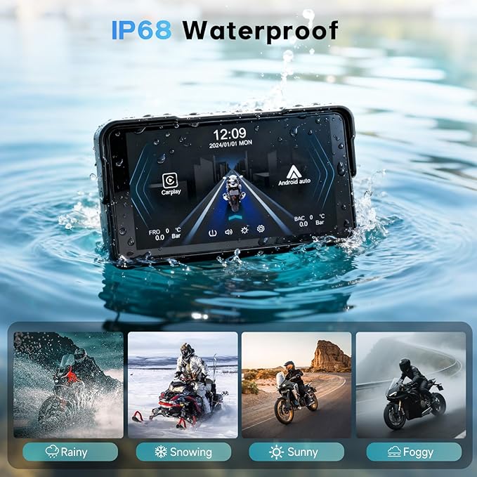 5-Inch Motorcycle CarPlay Screen Wireless Android Auto for Moto with GPS Navigation for Motorbike Bluetooth Voice Control Portable Moto Car Play Screen