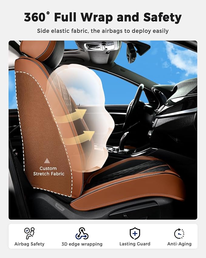Huidasource Front Seat Covers, Luxury Nappa Leather Driver Seat Cover with Airbag, Lumbar Support, Cooling＆Heating, Seatbelt Buckles, Front Seat Cover Universal Fit for Most Cars SUV Trucks, Brown