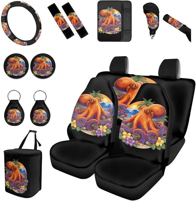 Forchrinse Octopus Car Seat Covers for Women Flower 15Pack Car Accessories with Steering Wheel Cover,Armrest Seatbelt Cover,Car Trash Can,Coaster,Keychain for Truck SUV Vehicles