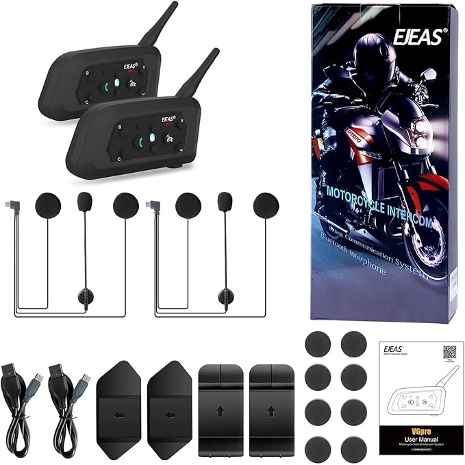 EJEAS V6 Motorcycle Bluetooth Headset, 2 Riders Motorcycle Intercom Helmet Communication System with Noise Reduction and Bluetooth 5.1 for Motorcycling Skiing and Climbing (2 Pack)