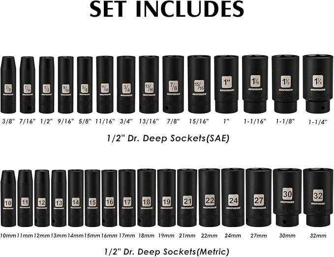 MIXPOWER 38-Piece 1/2-Inch Drive Deep Impact Socket Master Set with 10-inch Quick-release Ratchet Handle & Accessories, 3/8" - 1-1/4", 10-32MM, Deep, SAE&Metric, CR-V Steel