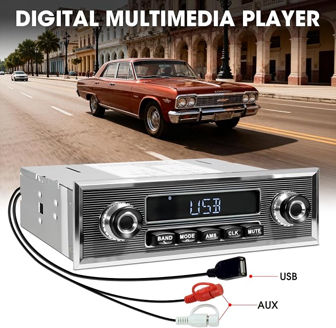 Retro Car Radio Receiver with Bluetooth: Single Din Vintage Stereo for Classic Vehicles - AM FM USB AUX Preset EQ Subwoofer Output