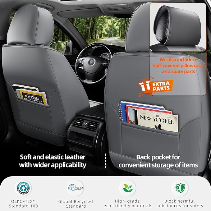 Universal 5-Seater Waterproof Breathable Nappa Leather Car Seat Covers Full Set, Compatible with Toyota Corolla Camry, Lexus LS400, Nissan Rogue, Fit Front Rear Seats Most Sedans SUV- Gray