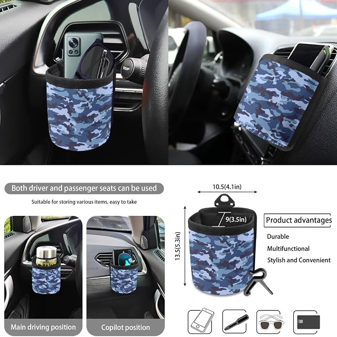 Blue Camo Pattern Auto Accessories Set of 10, Front and Rear Seat Covers Full Set, Steering Wheel Cover, Air Vent Storage Bag, Keychain, Car Trash Can, Cup Holders Car Interior Decor