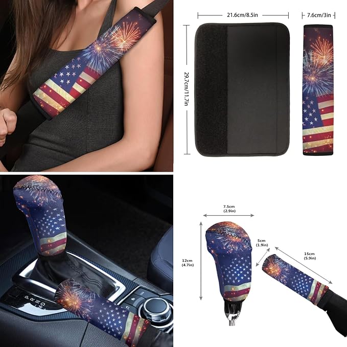 Wanyint Car Seat Covers Full Set 12 Pieces, with Steering Wheel Seat Belt Covers Armrest Pad Handbrake Gear Shift Knob Cover Cup Coaster Universal Fit for 4th of July, American Flag Fireworks