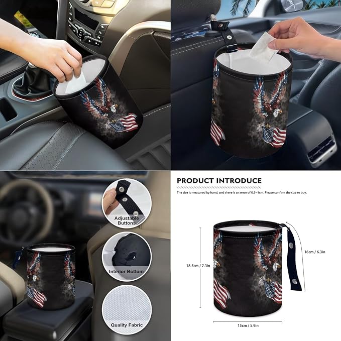 Eagle Print Car Seat Covers Full Set for Men American Flag Print Front and Rear Car Seat Covers with Gear Lever Cover Handbrake Cover Garbage Bag Safety Belt Pads Cup Cushions