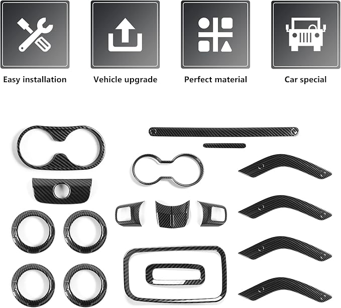 RAZPOY JK 18PCS Interior Trim Kit, Steering Wheel Trim & Gear Shift Cover Air Conditioning Vent Trim Compatible with 2011-2017 Jeep Wrangler JK 4-Door, Carbon Fiber