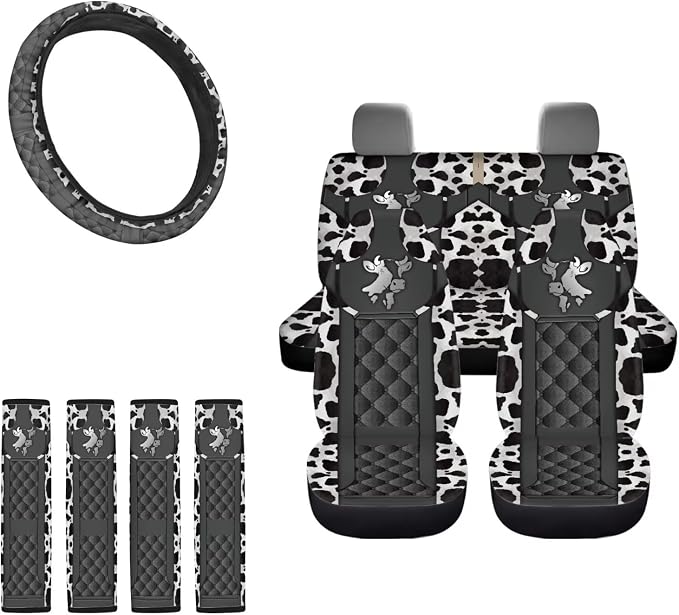 Cow Print Car Seat Cover Full Set with Steering Wheel Cover Non Slip Seat Belt Pads Washable Auto Seat Protector Universal Fit for Cars Trucks SUVs, Black