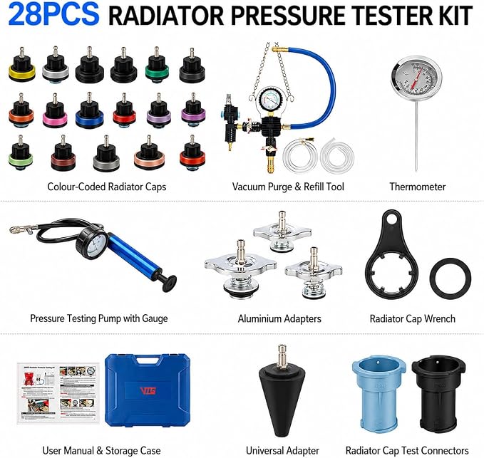 28PCS Coolant Pressure Tester & Vacuum Refill Kit, Radiator Pump Pressure Tester Kit for Automotive Cooling System Water Tank Leakage Detection, Fits Most Vehicles, Cars, SUVs, and Trucks