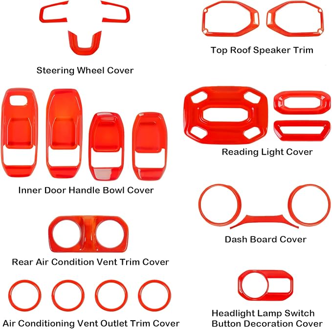 CheroCar 21PCS Full Set Interior Decoration Trim Kit for 2018-2026 Jeep Wrangler JL JLU & Gladiator JT Steering Button Frame, Air Conditioning Vent, Reading Light, Speaker (Red)