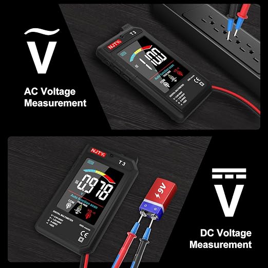 NJTY T3 Smart Digital Multimeter, Ultra-Thin Rechargeable Voltmeter with 3.2" Color LCD, Auto-Ranging 600V AC/DC Tester for Resistance NCV Live Wire Detection