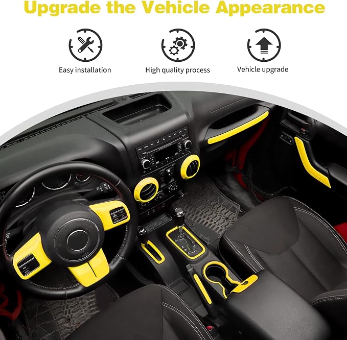 CheroCar 18PCS Interior Trim Kit for Jeep Wrangler JK JKU 2011-2018 4 Door,Steering Button Frame, Air Conditioning Vent Trim Cup Holder Cover,Gear Shift Knobs Frame,Yellow…