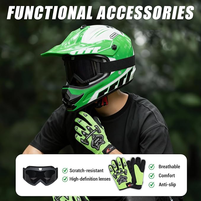Youth Dirt Bike Helmet DOT Approved, Kids Motocross Full Face Helmet with Adjustable Goggles Riding Gloves & Storage Bag, Off-Road Sport Gear Set for Boys Girls ATV UTV