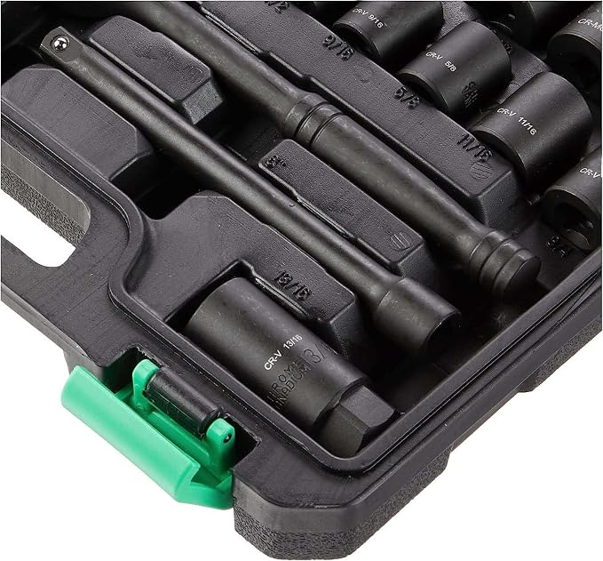 Amazon Basics 46-Piece 3/8-Inch Drive Socket Set with 6 & 12 Point Sockets, 72 Teeth Ratchet, SAE & Metric Sizes, Extension Bars, Universal Joint, Carrying Case (Pack of 2)