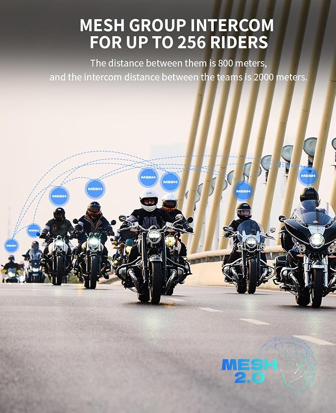 FreedConn Free+ Motorcycle Helmet Bluetooth Headset, 256 Riders 2000m Intercom, Auto-Join Mesh Network Motorcycle Communication Systems with Noise Cancellation, Hi-Res Audio for Group Ride, 1 Pack