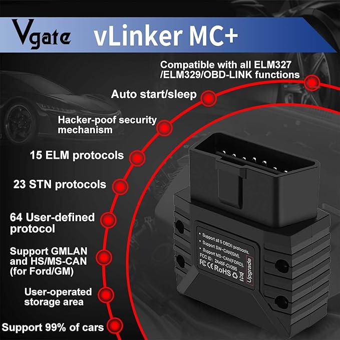 Vgate vLinker MC+ (BT3.0/BLE4.0) OBD2 Scanner Code Reader Diagnostic Scan Tool for Android & iOS & Windows, Black