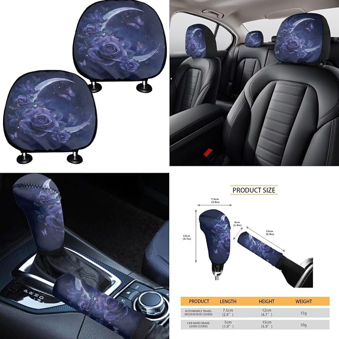 Deep Purple Moon Butterfly Car Seat Covers Full Set 15 Pcs Universal Car Accessories Steering Wheel Cover Seat Belt Pads Garbage Bag Car Headrest Pillow Covers Armrest Pad