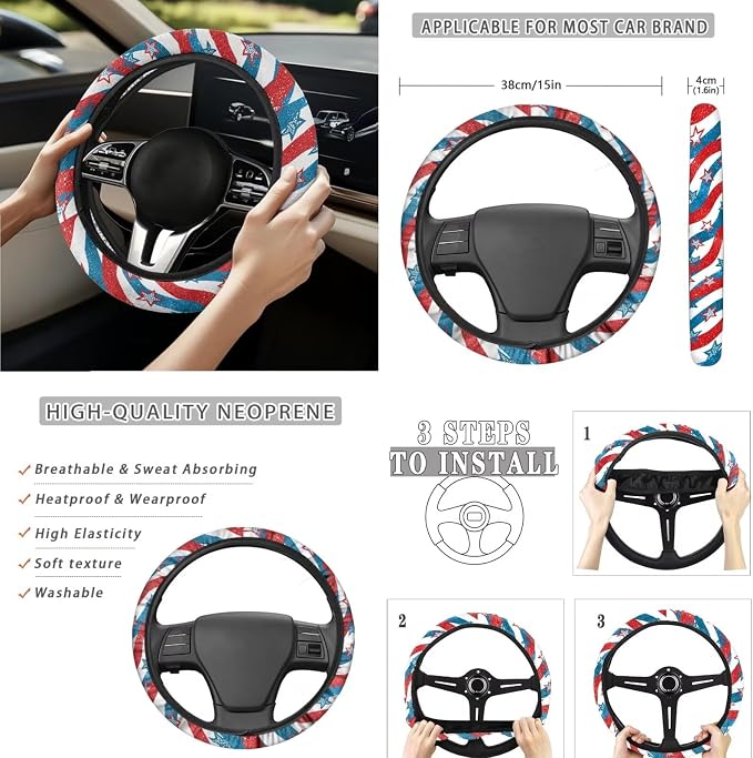 Red and Blue Stripe Stars Auto Interior Accessories Car Seat Covers with Auto Steering Wheel Cover Seat Belt Covers Car Trash Can View Mirror Cover Coaster Keychains