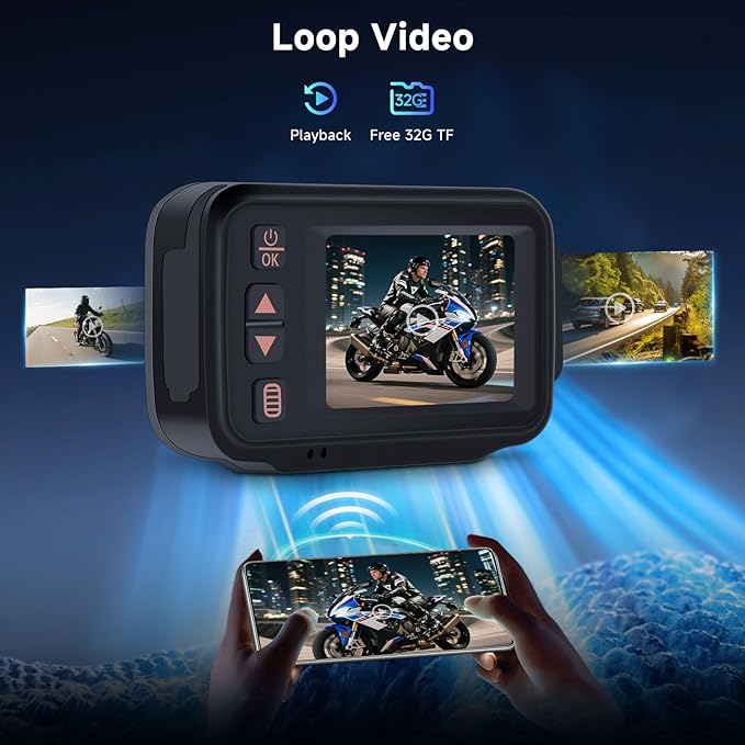 METEESER Motorcycle Front and Rear Dash Cam,2inch Touch Screen,1080P Motorbike Camera DVR Dashcam,G-Sensor,GPS,Loop Recording,DVR Waterproof,Wide Angle,Bluetooth5.0,32G TF,Dual Lens,Parking Monitor