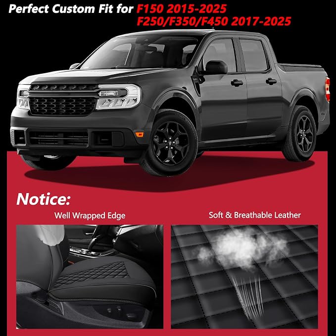 F150 Seat Covers 2015-2025 Front Pair, Truck Interior Sets with Lumbar Support Custom Fit for Ford F150 2015-2025, F250/F350/F450 2017-2025 Super Duty Crew Cab XLT XL Lariat Platinum, Black