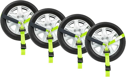 Mytee Products 4 Pack 2" x 96" Car Tie Down Straps for Trailer with Flat Hook - 3333 LB WLL Green High Viz Lasso Style Tire Straps with Ratchets