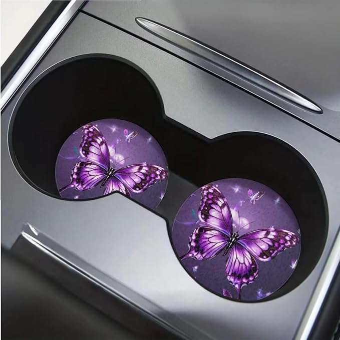 BIGCARJOB Butterfly Print Car Seat Cover Set of 12 Pieces Purple Butterfly Car Accessories Set with Seat Belt Cover,Armrest Pads,Cup Holder Coaster,Universal Steering Wheel Covers