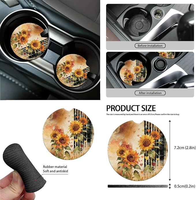 Sunflower Print Car Interior Covers Full Set of 15 Decorative Car Front Rear Seat Covers Steering Wheel Cover Safety Belt Pads Rearview Mirror Cover Garbage Bag Keychain