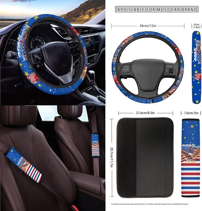 Wanyint Car Seat Cover Set 15 PCS, with Steering Wheel Seat Belt Rearview Mirror Cover Garbage Cans Air Vent Pouch Coasters Keychain US 250th Anniversary Auto Decor, American Flag Hibiscus Eagle