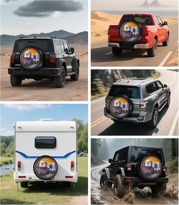 Spare Tire Cover for RV Trailer with American Eagle President Mountain Stone Statue, Waterproof PVC Leather for Truck SUV Wrangler Camper Vehicle Wheel Cover Waterproof Sun Dust Protection 16 inch