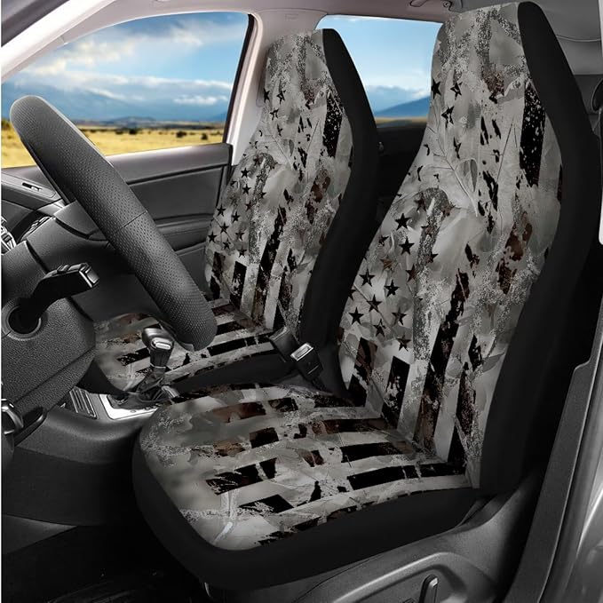 Bulopur Vintage American Flag Vehicle Seat Covers Set with 15 Inch Steering Wheel Cover Center Console Cover Seat Headrest Covers Seat Belt Pads Car Interior Accessories Set for SUV Van Sedan