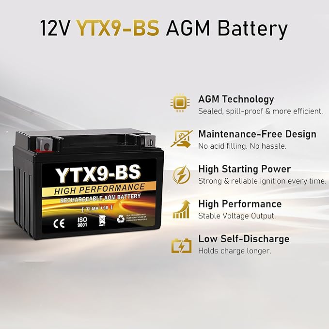 YTX9-BS 12V 9Ah AGM Sealed Motorcycle Battery, Maintenance-Free, Compatible with Honda Polaris Suzuki, Replacement for YTX9-BS, ETX9, GTX9-BS