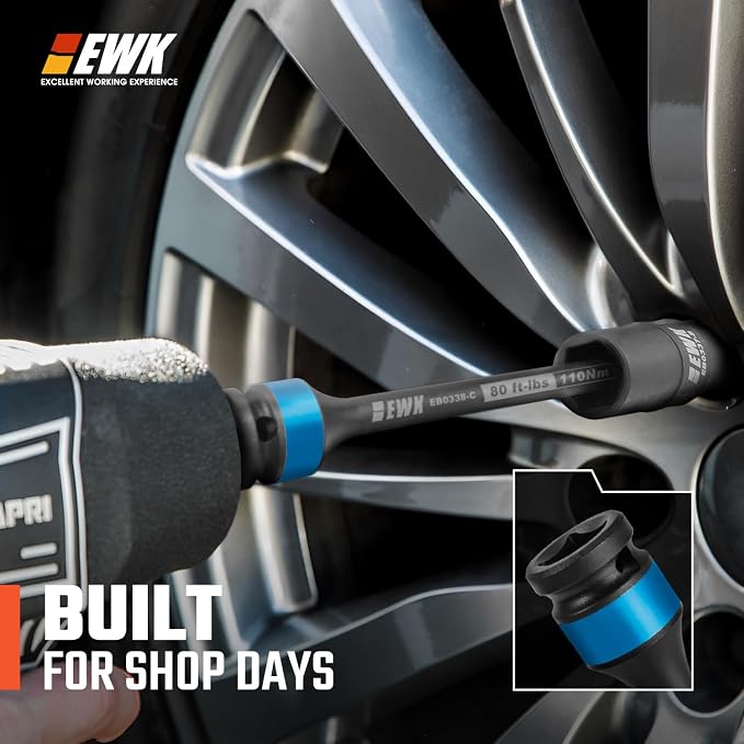 EWK 9-Piece 1/2 Inch Drive Thin Wall Flip Lug Nut Impact Socket and Torque Stick Set, 17x19mm 21x22mm 3/4x13/16 7/8x15/16, 80 100 120 150 Ft-lbs Torque Limiting Extensions for Wheel Service
