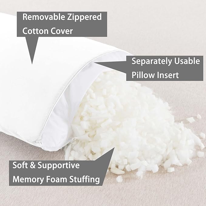 WhatsBedding Memory Foam Body Pillow with Breathable Zippered Cotton Cover, Full Body Pillow for Adults, Long Pillow for Sleeping, Firm Pillow Fluffy Supportive, Pure White