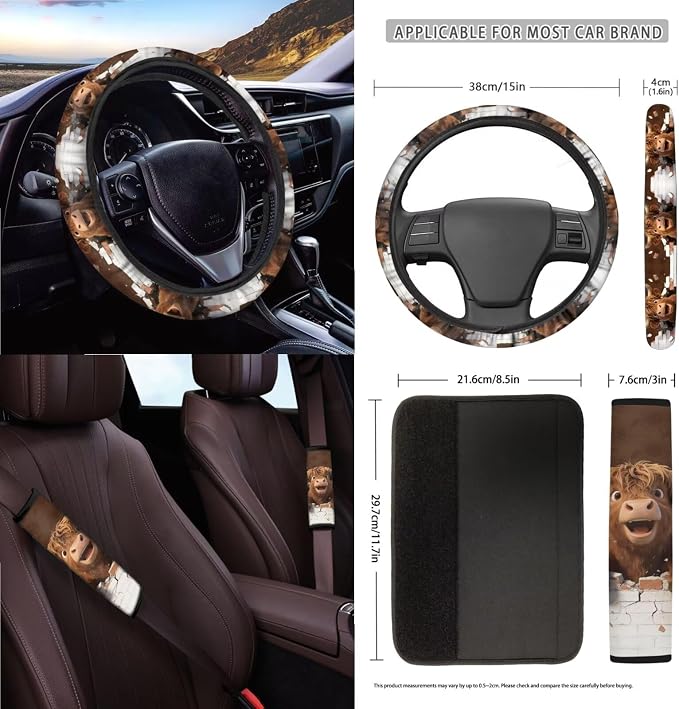 Wanyint 15 PCS Car Seat Covers Set for Women, with Steering Wheel Rear View Mirror Cover Seat Belt Pads Trash Bin Sunglass Pocket Coasters Key Chain Car Accessories, Funny Highland Cow Brown