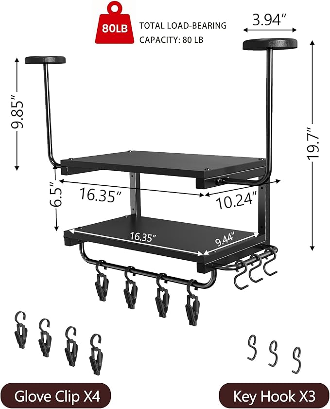 Motorcycle Helmet Holder Wall Mount, 2-Tier Helmet Rack with 2 Hat Stands, Motorcycle Accessories Gear Storage Organizer Display for Men Jackets, Caps in Garage, Living Room (Black)